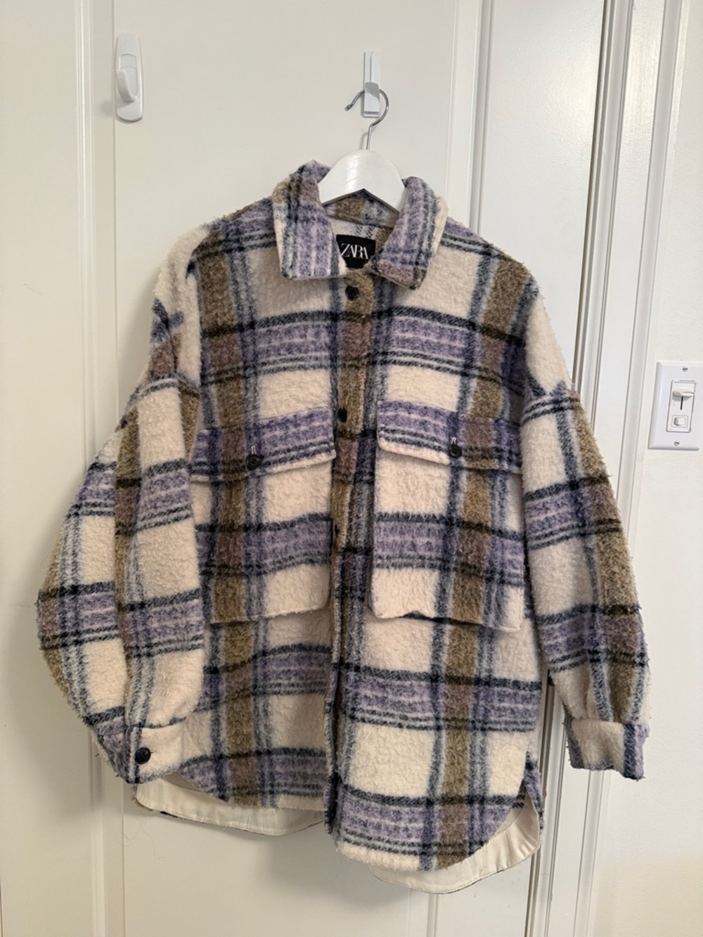 Zara Cream Plaid Wool-Blend Shacket with Lavender & Olive Stripes